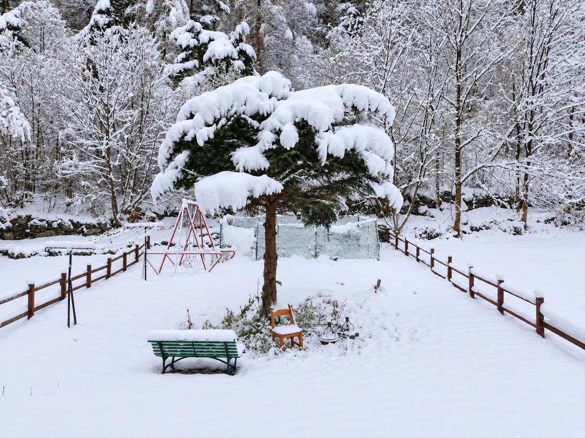 Der Hotelgarten im Schnee, mit Tanne, Bank und Schaukel