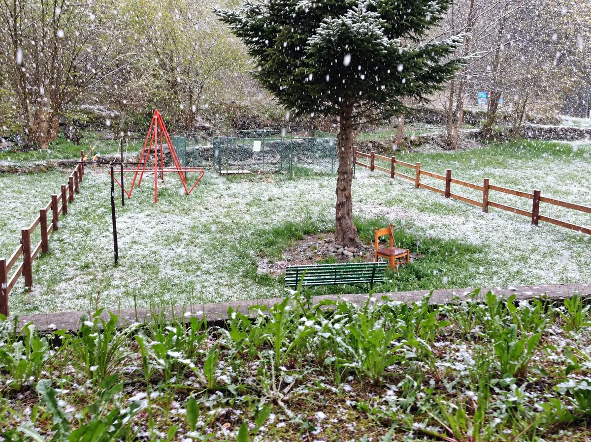 Il giardino dell'albergo con la prima neve, l'abete e i giochi